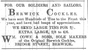 Berwick Advertiser 28 may 1915 Advert Berwick Cockles