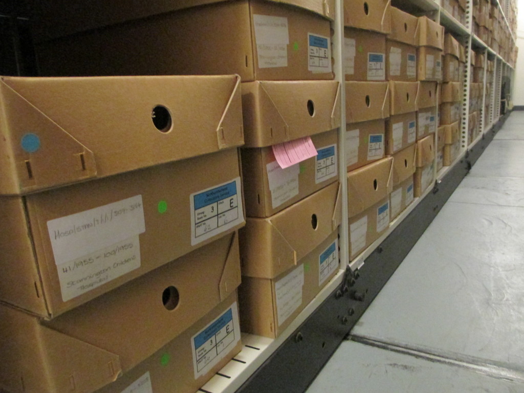 Files yet to be repackaged on their temporary shelving