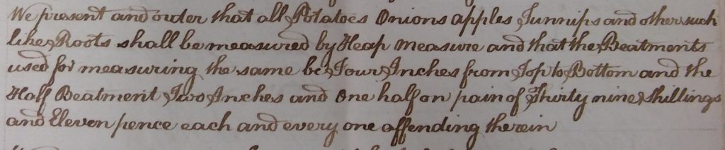 Detail from NRO 672/A/3/60, a custom giving the size of measure for vegetables in Hexham.