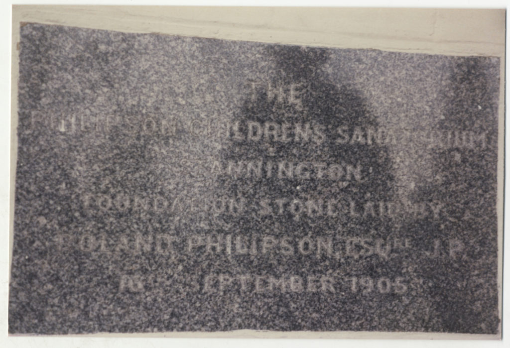 HOSP/STAN/11/01/84 is the only image we have of the foundation stone. It reads 'The Philipson Children's Sanatorium, Stannington. Foundation stone laid by Roland Philipson Esquire, J.P. 16th September 1905.'